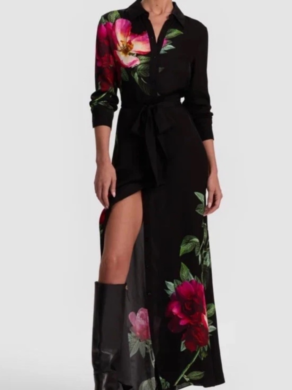 Alice + Olivia Chassidy Maxi Shirt Dress Empress Bloom Black Sz L NWT